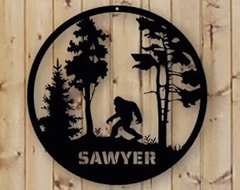 Round Bigfoot Mountain Personalized Metal Sign | Sasquatch Custom Name | Sasquatch Sign | Gifts for Him Wall Hanging | Lodge Cabin Decor