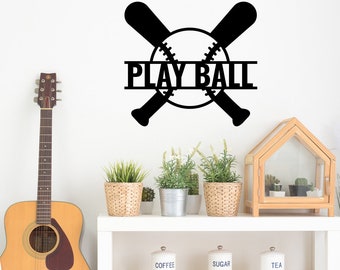 Baseball Kid's Room Sign | Play Ball Metal Wall Sign with Crossed Baseball Bats | Nursery Decor Boys Girls Room