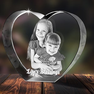 Heart Shaped 3D Crystal Engraved Photo 3D Personalized & Custom Heart Crystal LED Base optional Fathers Day Gift Love Keepsake image 1