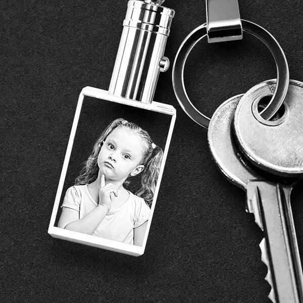 Rectangular Crystal Keychain with Custom Photo | Lighted Custom Laser Engraved Rectangular Glass Key Chain | Valentines Day Gift from Family