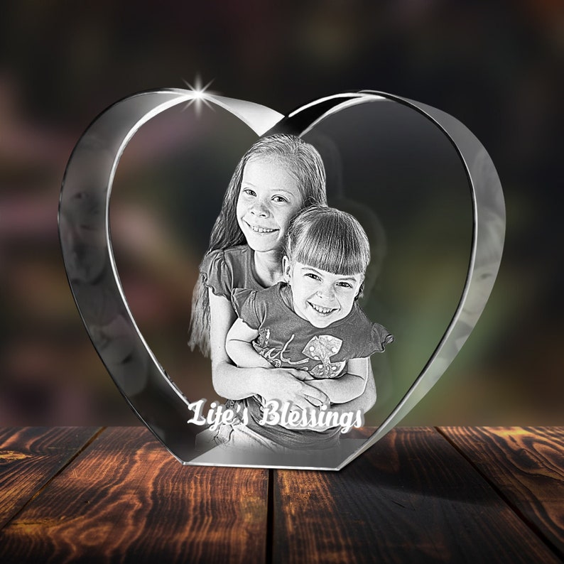 Heart Shaped 3D Crystal Engraved Photo 3D Personalized & Custom Heart Crystal LED Base optional Fathers Day Gift Love Keepsake image 1