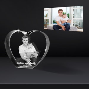 Heart Shaped 3D Crystal Engraved Photo 3D Personalized & Custom Heart Crystal LED Base optional Fathers Day Gift Love Keepsake image 3