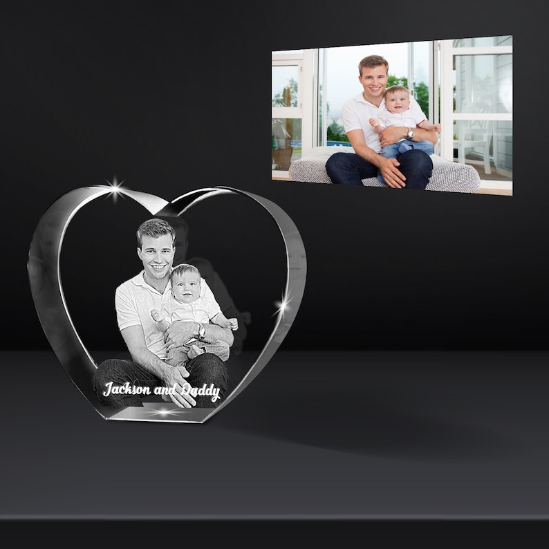 Heart Shaped 3D Crystal Engraved Photo 3D Personalized & Custom Heart Crystal LED Base optional Fathers Day Gift Love Keepsake image 3