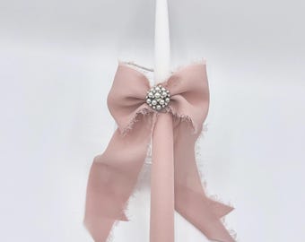 Greek Easter Lambada Candle – Dusty Pink Chiffon Ribbon with Silver Pearls and Diamonds