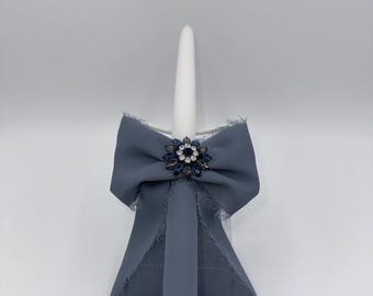 Greek Easter Lambada Candle – Dusty Blue Chiffon Ribbon with Blue Gemstones and Diamonds