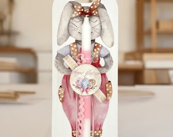 Greek Easter Lambada, Greek Orthodox Easter Candle, Pascha Lampada, Pink Bunny Design