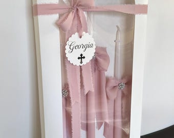 Orthodox Girls Baptism Candles with Pink Chiffon, Rhinestones & Pearls – Greek Christening Lambatha