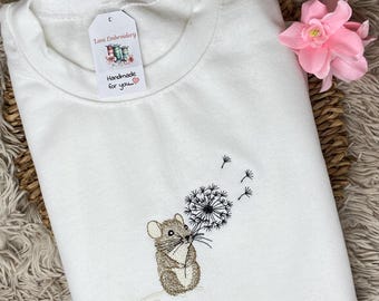 Embroidered Mouse Blowing a Dandelion Flower Sweatshirt or Hoodie.