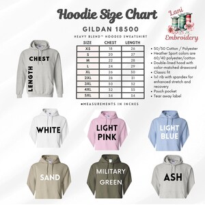 May include: A hoodie size chart with a variety of colors, including white, light pink, light blue, sand, military green, and ash. The chart includes chest and length measurements in inches for sizes XS to 5XL. The image also shows a gray hoodie.