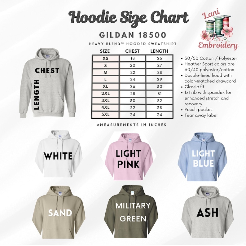 May include: A hoodie size chart with a variety of colors, including white, light pink, light blue, sand, military green, and ash. The chart includes chest and length measurements in inches for sizes XS to 5XL. The image also shows a gray hoodie.