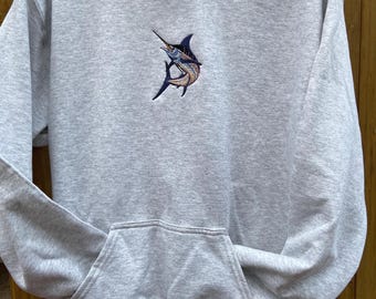 Blue Marlin Ebroidered Sweatshirt or Hoodie. Nautical Fishing Apparel.