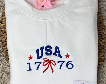 USA 1776 with Coquette Bow. Embroidered Sweatshirt or Hoodie.