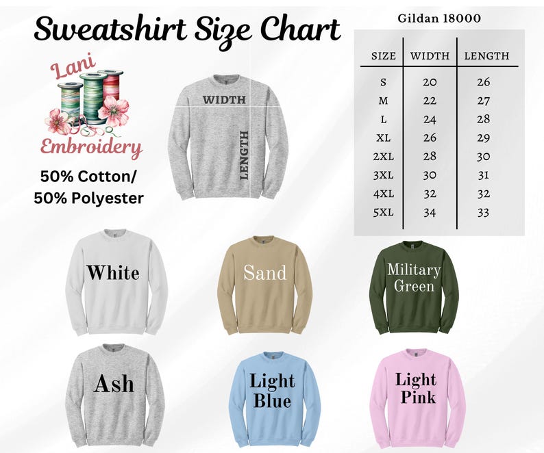 May include: A sweatshirt size chart with the text "Sweatshirt Size Chart" and "Lani Embroidery". The chart shows measurements for sizes S to 5XL. The image also displays sweatshirts in white, sand, ash, light blue, military green, and light pink.