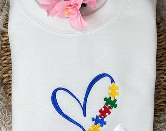 Autism Puzzle Heart Embroidered Sweatshirt or Hoodie.