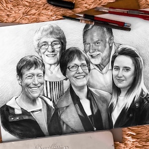 Family graphite pencil portrait gift from multiple photos, You can add person and combine photos in collage, idea for anniversary gift