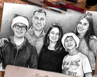 Ritratto di famiglia personalizzato – Disegno a matita di grafite fatto a mano dalla tua foto