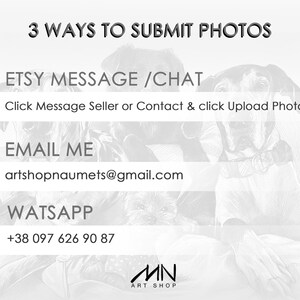 May include: A graphic with three ways to submit photos for a custom pet portrait. The text says "3 Ways to Submit Photos", "Etsy Message/Chat", "Click Message Seller or Contact & click Upload Photo", "Email Me", "artshopnaumets@gmail.com", "Watsapp", "+38 097 626 90 87", "MN Art Shop".