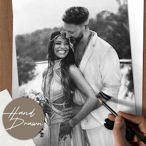 May include: A hand-drawn pencil sketch of a couple embracing, with the text "Hand Drawn" in a circular design. The artwork is in grayscale, capturing the details of their clothing and expressions. The artist's hand holds a pencil, adding a personal touch.