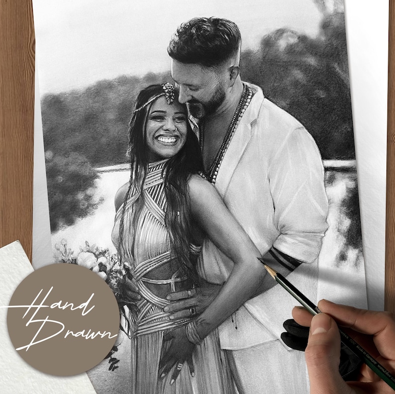May include: A hand-drawn pencil sketch of a couple embracing, with the text "Hand Drawn" in a circular design. The artwork is in grayscale, capturing the details of their clothing and expressions. The artist's hand holds a pencil, adding a personal touch.