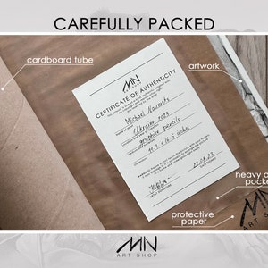 May include: A certificate of authenticity for a graphite pencil drawing titled "Ukraine 2023" by Michael Naumets. The certificate is printed on white paper and includes the artist's signature and the date it was signed. The certificate is packaged in a cardboard tube with protective paper and a heavy-duty pocket.