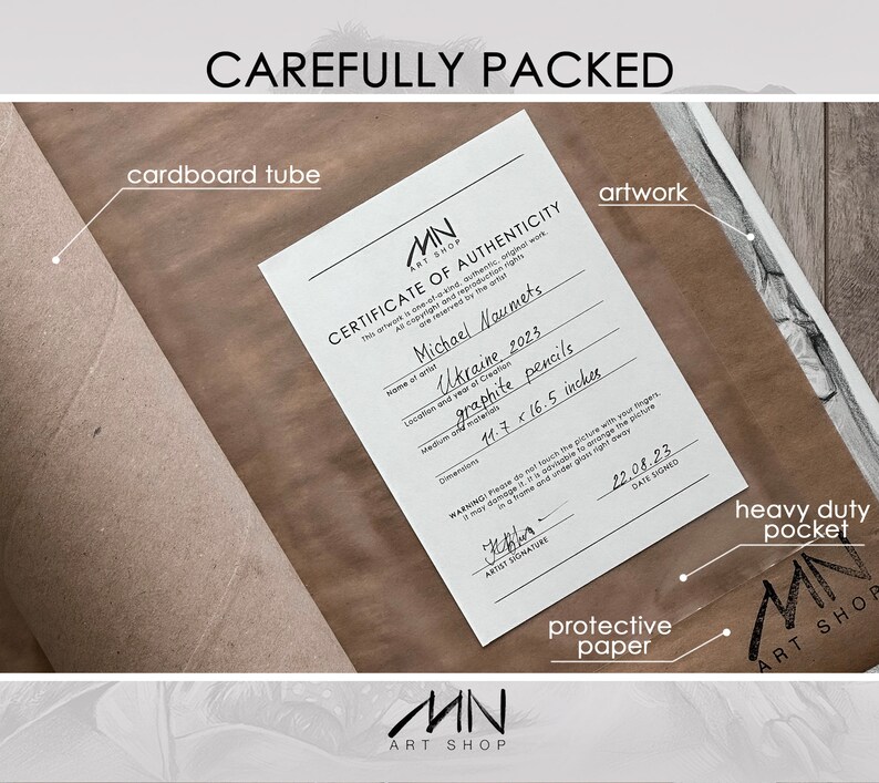 May include: A certificate of authenticity for a graphite pencil drawing titled "Ukraine 2023" by Michael Naumets. The certificate is printed on white paper and includes the artist's signature and the date it was signed. The certificate is packaged in a cardboard tube with protective paper and a heavy-duty pocket.