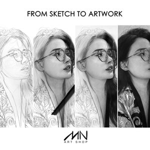 May include: A four-panel image showing the progression of a pencil portrait from sketch to finished artwork. The subject is a person wearing glasses and a patterned jacket. The text "FROM SKETCH TO ARTWORK" is at the top, with the "MN ART SHOP" logo at the bottom.