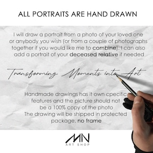 May include: Image of a hand holding a pencil, creating art. The text reads "ALL PORTRAITS ARE HAND DRAWN" and "Transforming Moments into Art." The image also states that drawings are handmade and shipped in a protected package, no frame.
