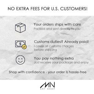 May include: White background with text: "NO EXTRA FEES FOR U.S. CUSTOMERS!". The text is accompanied by icons of a box, a dollar sign, and a smiley face. Additional text states orders ship with care, customs duties are paid, and you pay nothing extra.