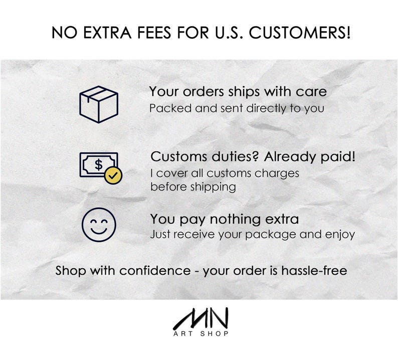 May include: White background with text: "NO EXTRA FEES FOR U.S. CUSTOMERS!". The text is accompanied by icons of a box, a dollar sign, and a smiley face. Additional text states orders ship with care, customs duties are paid, and you pay nothing extra.