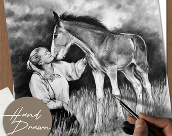 Custom Horse hand drawn graphite Portrait from Photo, Personalized Equine Gift, Horse Equestrian Lovers Gift, Custom Horse Memory Gift