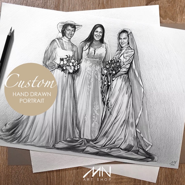 Custom generational wedding portrait from photo, personalised bridal custom gift for mother of the bride, grandmother in wedding dress