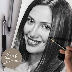 May include: A detailed, hand-drawn portrait of a smiling person with long, dark hair. The artwork is in grayscale, with pencils and the text "Hand Drawn" visible. The portrait is on white paper, with a hand holding a pencil.