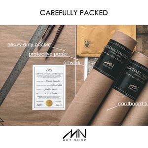 May include: An image of artwork carefully packed for shipping. The artwork is rolled and placed inside a cardboard tube. The package includes a certificate of authenticity, protective paper, and a heavy-duty pocket. The text "CAREFULLY PACKED" is at the top.