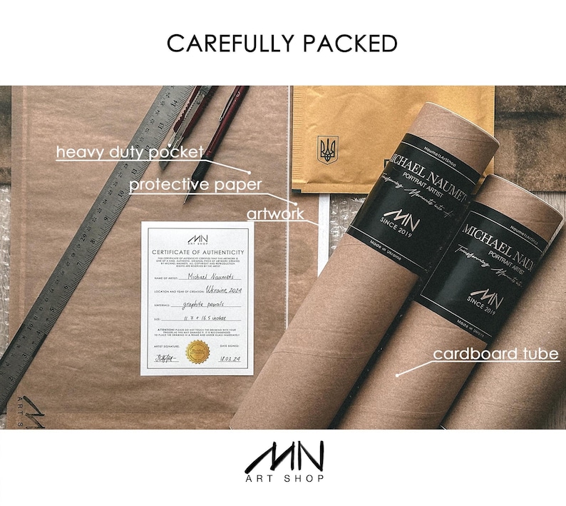 May include: An image of artwork carefully packed for shipping. The artwork is rolled and placed inside a cardboard tube. The package includes a certificate of authenticity, protective paper, and a heavy-duty pocket. The text "CAREFULLY PACKED" is at the top.