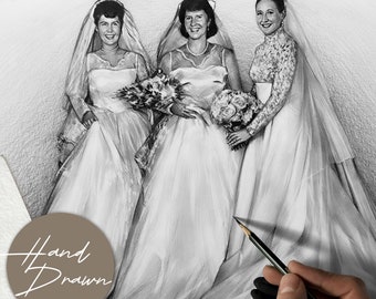 Custom hand drawn  generational wedding portrait from photo, personalised  wedding gift for Mother of the bride, grandmother, sister