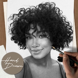 May include: A hand-drawn pencil portrait of a woman with curly hair. The artwork is in grayscale, with the artist's hand holding a pencil near the subject's face. The image includes a circular graphic that says "Hand Drawn".