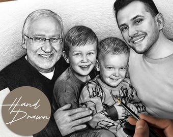 Ritratto di famiglia personalizzato disegnato a mano con matita di grafite: regalo commemorativo