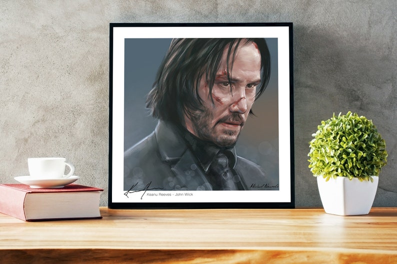 original autograph unique gift idea John Wick movie poster fine art print of an original digital drawing of Keanu Reeves as John Wick