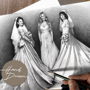 May include: A black and white pencil drawing of three women in wedding dresses. The women are standing in a line, with the woman in the middle slightly behind the other two. The drawing is on a white background and has the words "Hand Drawn" written in brown on a circle in the bottom left corner.