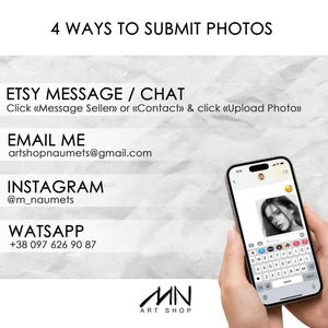 May include: Image showing four ways to submit photos. Text includes Etsy message/chat instructions, email address, Instagram handle, and WhatsApp number. A smartphone displays a photo and keyboard.