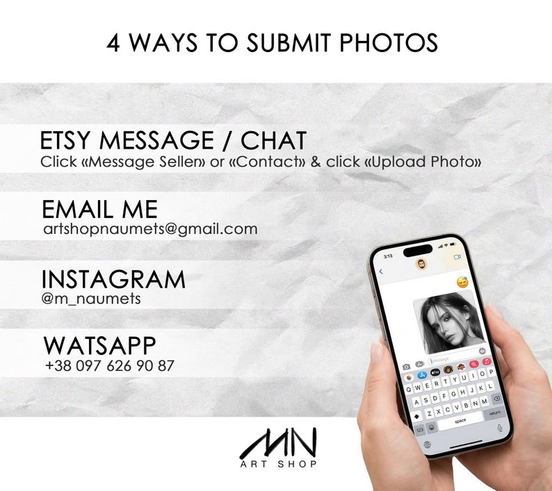 May include: Image showing four ways to submit photos. Text includes Etsy message/chat instructions, email address, Instagram handle, and WhatsApp number. A smartphone displays a photo and keyboard.