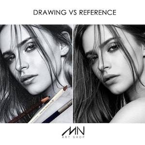 May include: A side-by-side comparison of a pencil drawing and a reference photo of a woman's face. The drawing is in black and white, with pencils in the foreground. The text "DRAWING VS REFERENCE" is at the top, and "MN ART SHOP" is at the bottom.