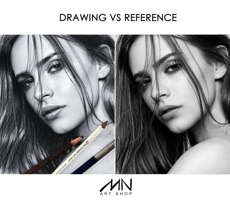 May include: A side-by-side comparison of a pencil drawing and a reference photo of a woman's face. The drawing is in black and white, with pencils in the foreground. The text "DRAWING VS REFERENCE" is at the top, and "MN ART SHOP" is at the bottom.