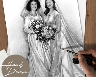 Hand Drawn Generational Wedding Portrait: Custom Graphite Pencil Sketch