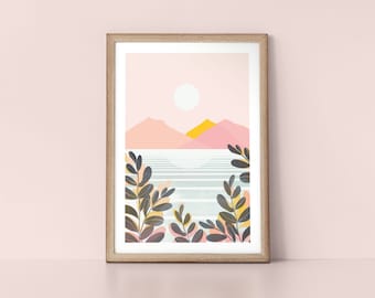 Summer Moon Leafy Landscape Scandinavian Style Botanical Nordic Wall Art Print by Tulip House Studio