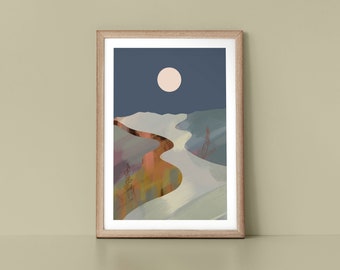 Autumnal Textured Earthy Landscape with Full Moon Scandinavian Style Nordic Wall Art Print by Tulip House Studio