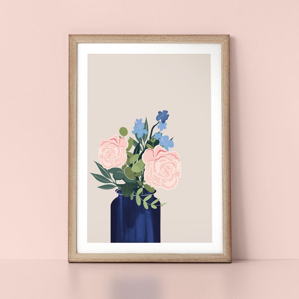 Pink Flower in Inky Indigo Navy Blue Vase Modern Scandinavian Style Wall Art Print by Tulip House Studio