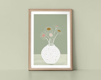 Polka Dot Daisy Vase Natural Green Scandinavian Style Botanical Nordic Wall Art Print by Tulip House Studio