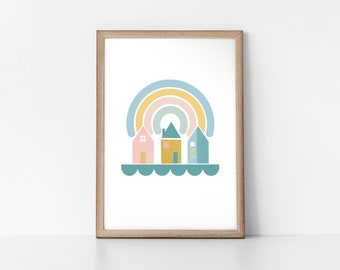 Rainbow Rooftop Cute Little Town Blessed With Colour, Modern Scandinavian Style Wall Art Print by Tulip House Studio
