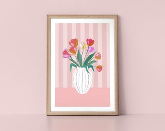 Vibrant Tulips, Striped Dusky Rose Pink Botanic Design in a Scandinavian Style Nordic Wall Art Print
